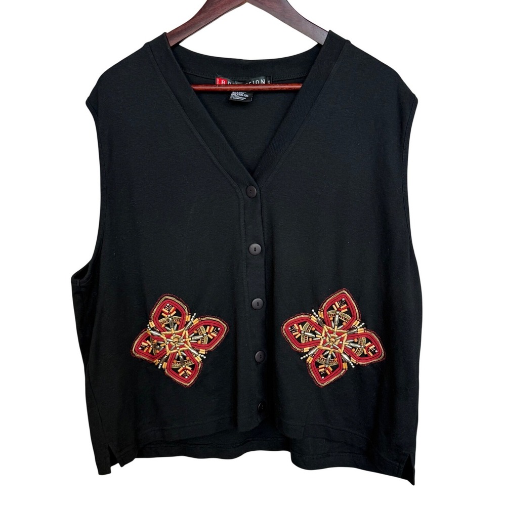 I.B. Diffusion Vest‎ 2X Black Cotton Knit Beaded Embroidered Boho Vintage 90s